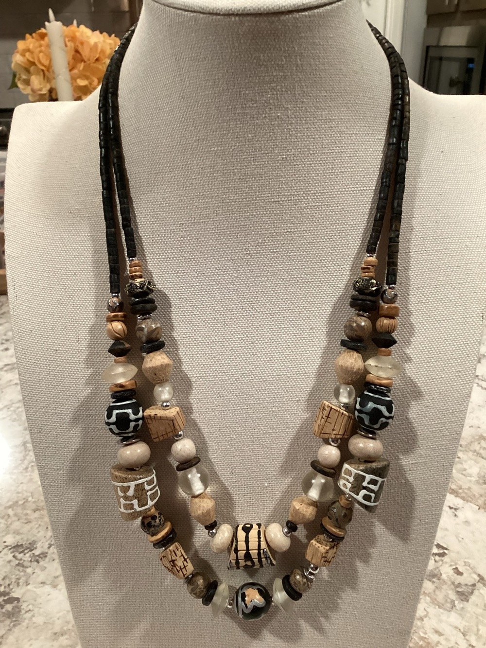 Handcrafted Neutral Color Beaded Double-Strand Necklace